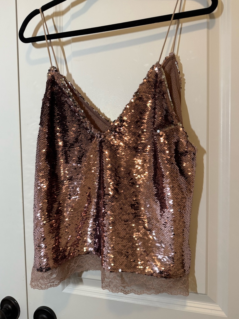 Free People | Pink Sequin Camisole Tank Top | Lace Trim | Size M